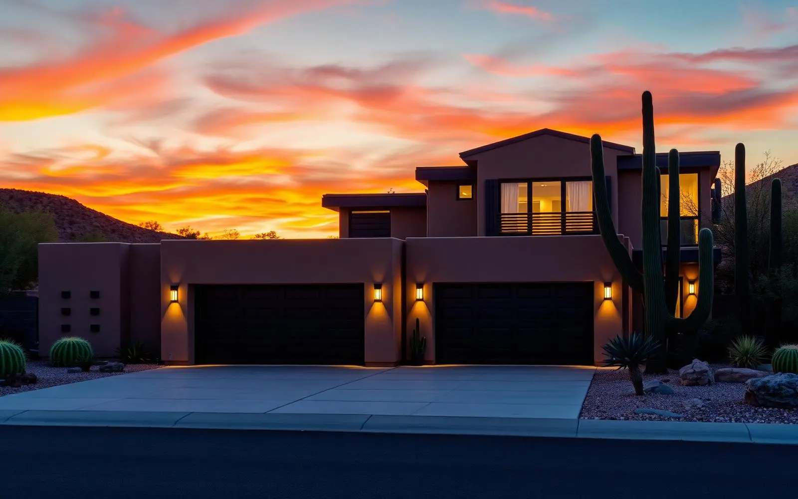 Modern home with garage door at dusk in El Paso